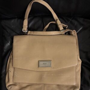 DKNY Tan Leather Top-Handle Satchel with Metal Logo Plaque
